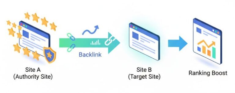 Diagram showing how authority flows via a backlink from Site A (Authority Site) to Site B (Target Site), resulting in a Ranking Boost, which is a core part of Off-Page SEO Factors.