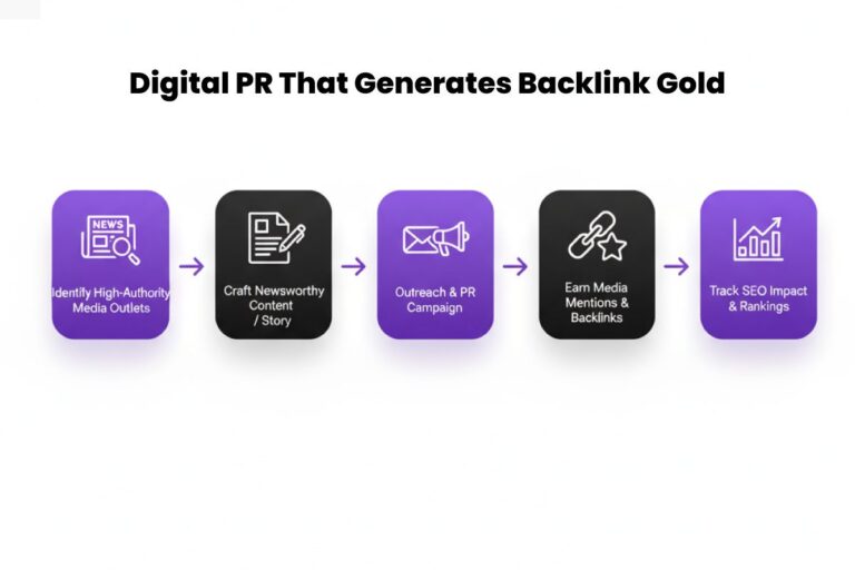 Digital PR flowchart showing steps for impactful off-page SEO techniques: identifying high-authority media outlets, crafting newsworthy content, running outreach campaigns, earning media backlinks, and tracking SEO performance.