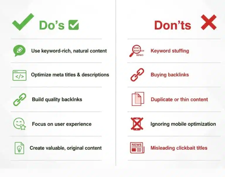 SEO do’s and don’ts infographic comparing best practices like quality content, optimized meta tags, backlinks, and user experience with harmful tactics such as keyword stuffing, buying backlinks, duplicate content, and ignoring mobile optimization.