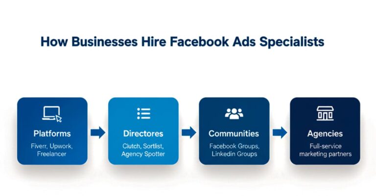 Four-step flowchart illustrating How to find Facebook ads specialist by showing the recruitment path: Platforms, Directories, Communities, and Agencies.