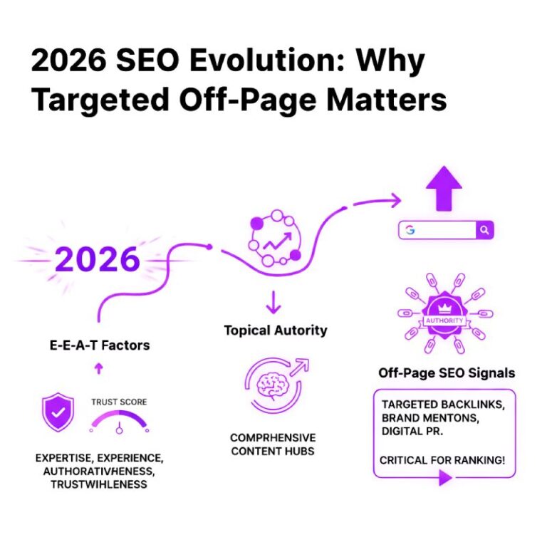 2026 SEO evolution infographic showing E-E-A-T factors, topical authority, and Off-Page SEO Strategies off-page SEO signals like backlinks, brand mentions, and digital PR.