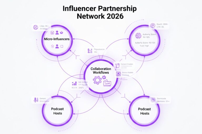 Infographic titled ‘Influencer Partnership Network 2026’ showing a central collaboration workflow hub connected to micro-influencers, authority influencers, and podcast hosts, with metrics like reach, engagement, downloads, and content creation workflows.