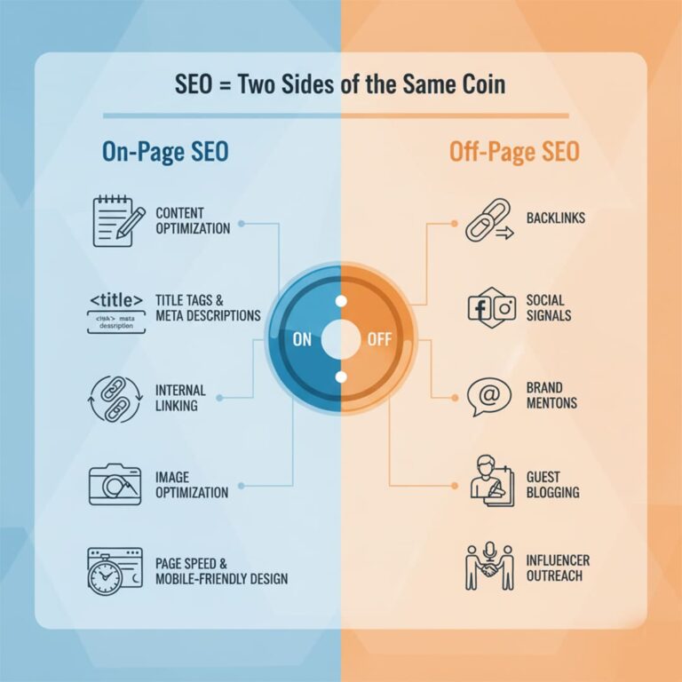 Infographic showing SEO as two sides of the same coin, comparing on-page SEO elements like content optimization, title tags, internal linking, image optimization, and page speed with off-page SEO elements such as backlinks, social signals, brand mentions, guest blogging, and influencer outreach.