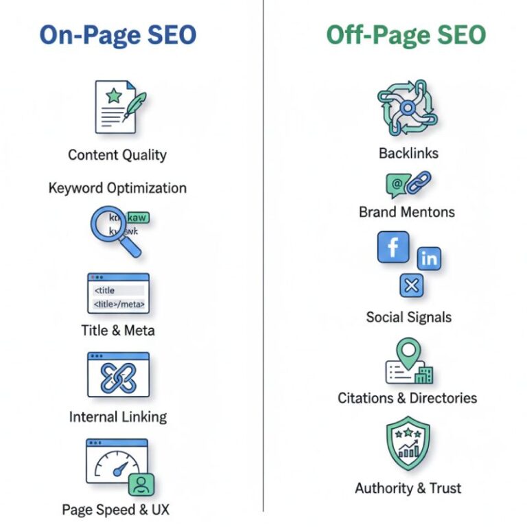 Side-by-side comparison infographic showing the difference between On-Page SEO (Content Quality, Internal Linking) and key Off-Page SEO Factors (Backlinks, Social Signals, Authority).
