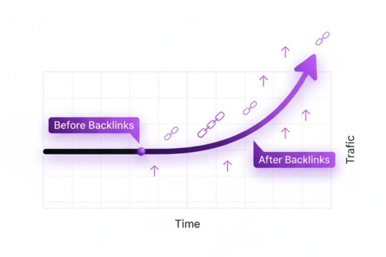 Graph showing website traffic growth over time before and after backlinks, with a flat line initially and a sharp upward curve once backlinks are added.