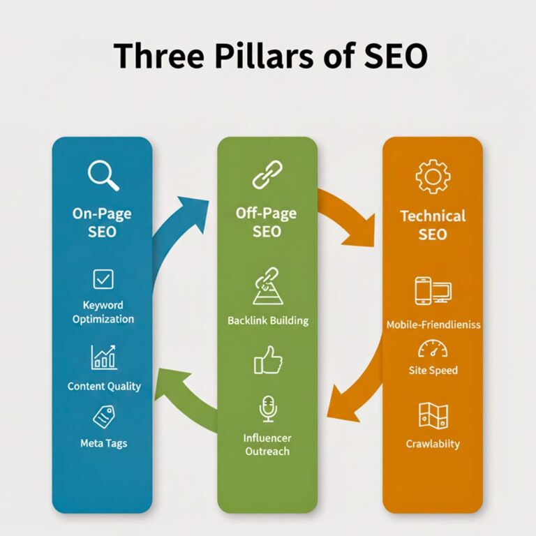 Infographic illustrating the Three Pillars of SEO: On-Page SEO (Keyword Optimization, Content Quality, Meta Tags), Off-Page SEO (Backlink Building, Influencer Outreach), and Technical SEO (Mobile-Friendliness, Site Speed, Crawlability).