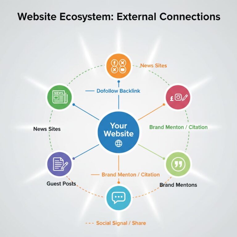 Diagram showing a website ecosystem with external connections, including news sites, guest posts, social signals, brand mentions, citations, and dofollow backlinks, illustrating how Off-Page SEO supports the On Page Off Page and Technical SEO framework.