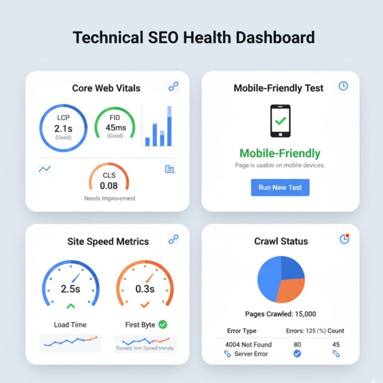 Technical SEO health dashboard showing Core Web Vitals, mobile-friendly test, site speed metrics, and crawl status, used to analyze website performance within the On Page Off Page and Technical SEO framework.