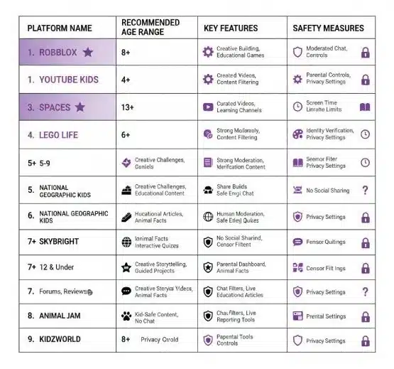 A comparison chart titled "Safe Social Media for Kids" showing platform names, recommended age ranges, key features, and safety controls.