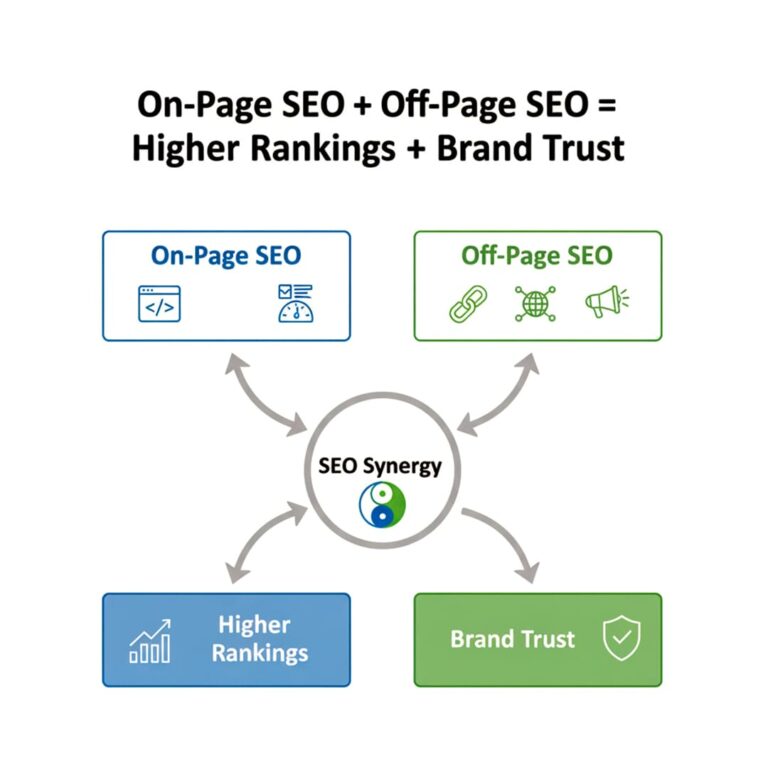 Diagram showing how on-page SEO and off-page SEO work together as SEO synergy to achieve higher search rankings and increased brand trust.