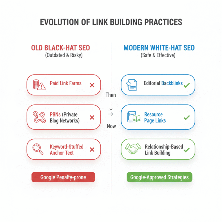 Comparison infographic showing the evolution of link-building practices from old black-hat SEO techniques — including paid link farms, PBNs, and keyword-stuffed anchor text — to modern white-hat SEO strategies such as editorial backlinks, resource page links, and relationship-based link building.
