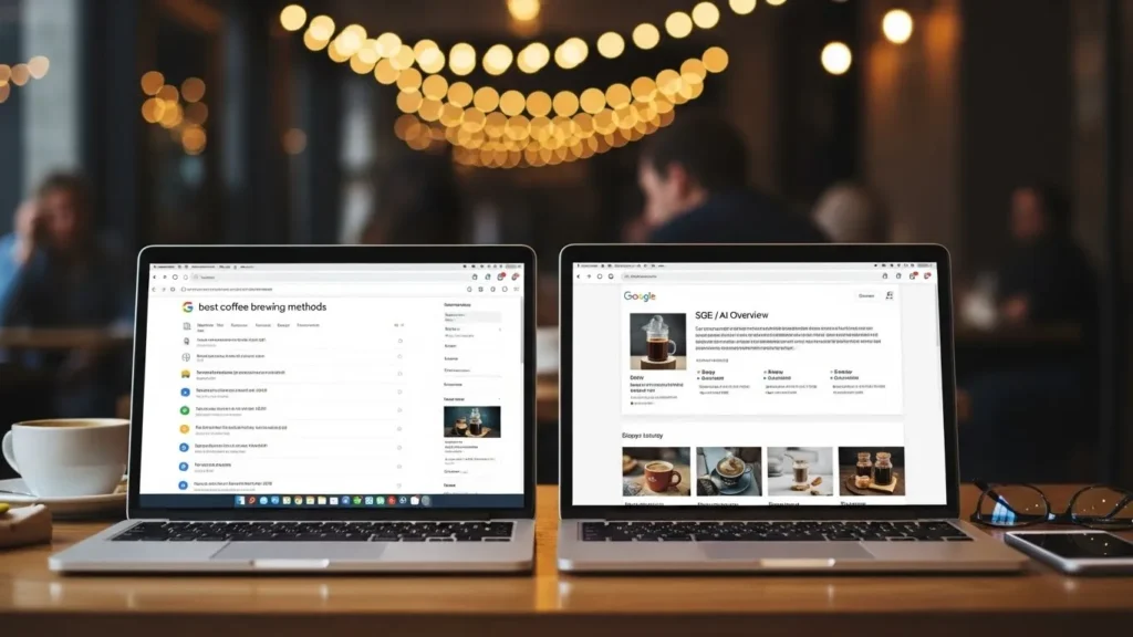 Traditional Google search vs SGE AI Overview comparison in coffee shop setting