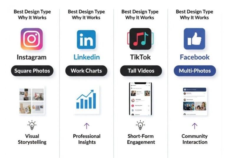 Infographic comparing the best-performing design types for Instagram, LinkedIn, TikTok, and Facebook, including visuals of each platform icon and their recommended content formats.