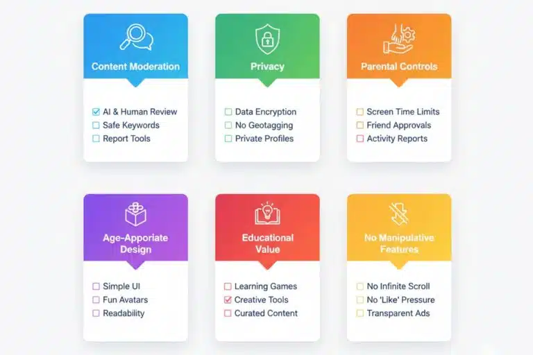This infographic highlights essential kid-friendly social media features such as strong content moderation, privacy safeguards, parental controls, age-appropriate design, educational content, and the absence of manipulative engagement features to ensure a safe digital experience for children.