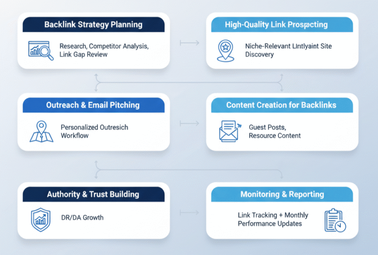 Infographic outlining key services provided by a link building agency, including backlink strategy planning, link prospecting, outreach and email pitching, content creation for backlinks, authority building, and monitoring and reporting.