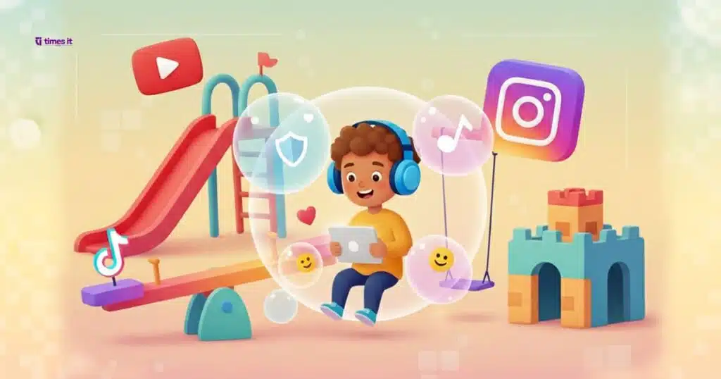 This illustration represents the best social media platform for kids by showing a child safely enjoying digital content inside a protective bubble. Popular social media icons, playful playground equipment, and friendly design elements highlight a balance between online fun and safety. The image visually supports content about kid-friendly social media platforms, parental controls, online safety, and age-appropriate digital experiences for children.