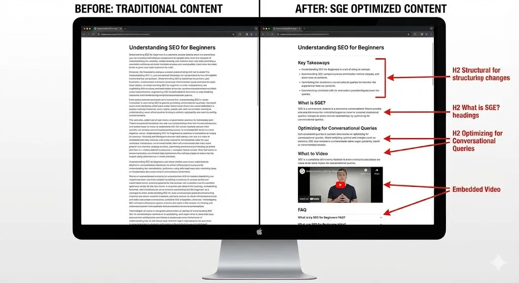 before after content structure with SGE optimization