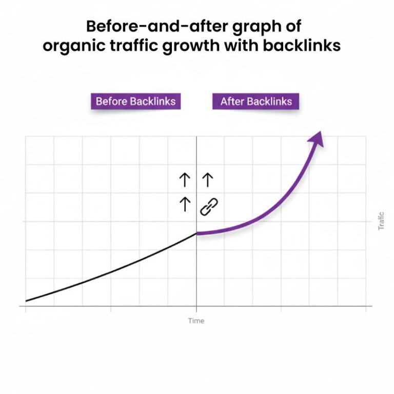 Graph showing before-and-after organic traffic growth, comparing performance before backlinks and the sharp increase in traffic after backlinks.