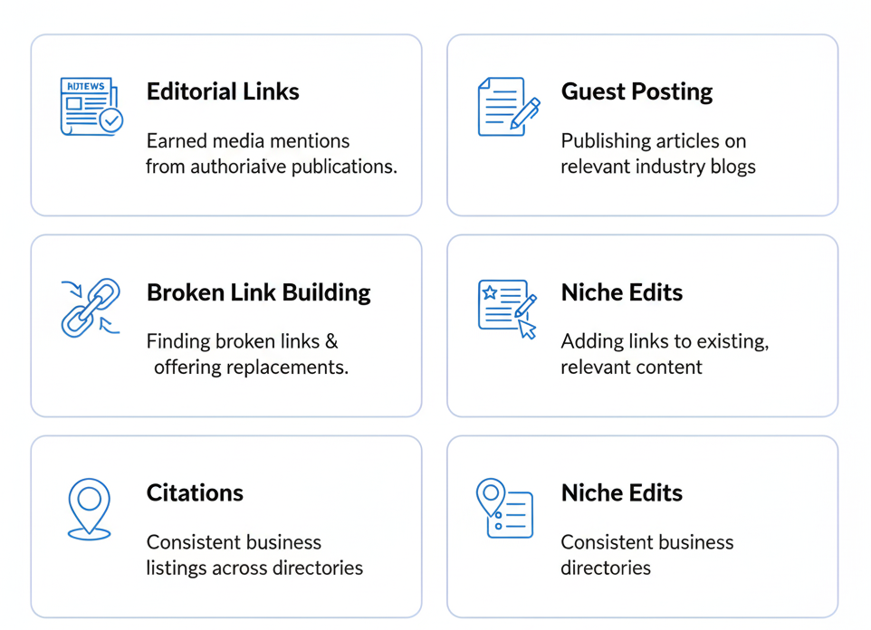 Infographic outlining key services provided by a link building agency, including backlink strategy planning, link prospecting, outreach and email pitching, content creation for backlinks, authority building, and monitoring and reporting.