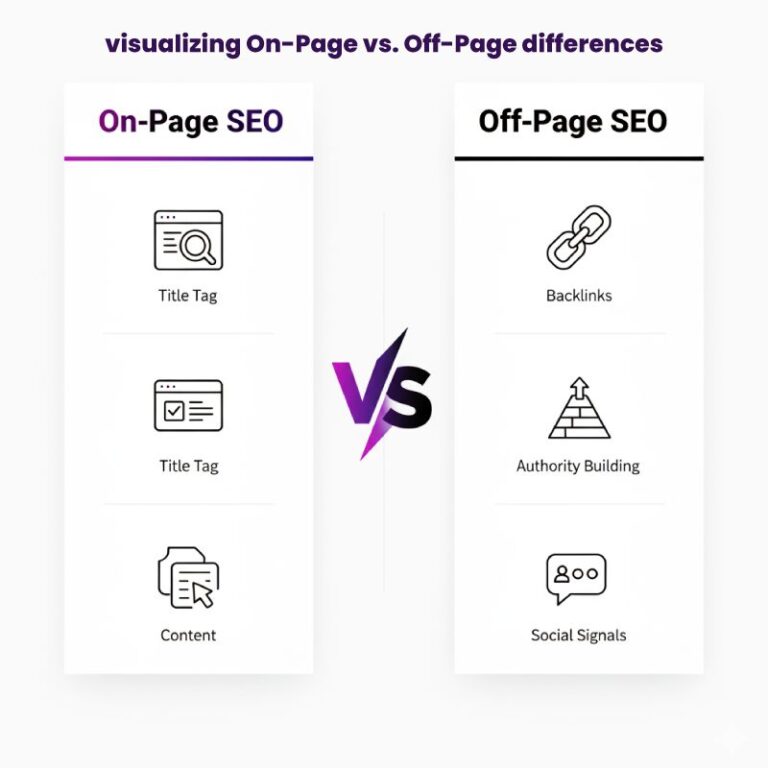 On-Page SEO vs Off-Page SEO comparison chart showing title tags and content versus backlinks, authority building, and social signals.