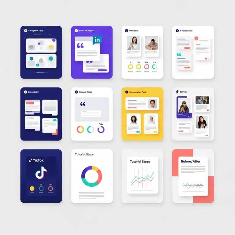 A 12-card grid showcasing diverse social media post design ideas for TikTok, LinkedIn, and Instagram, featuring quote cards, tutorial steps, and before-and-after comparisons.