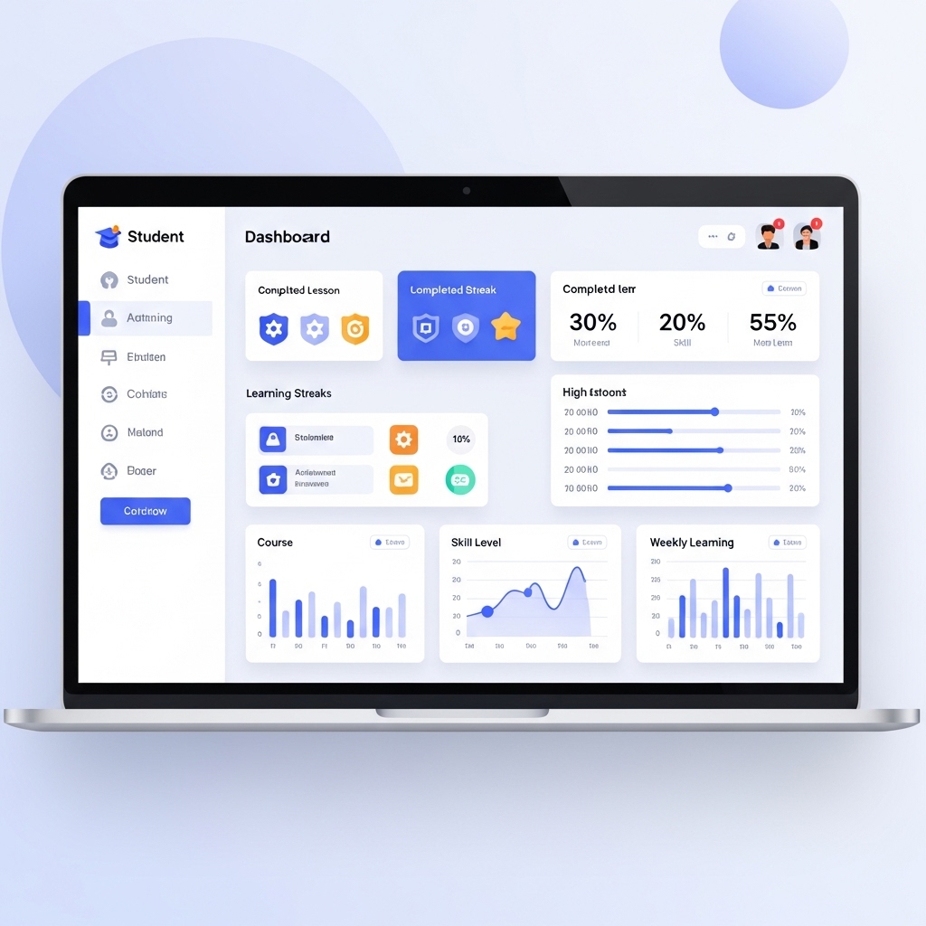 A modern laptop displaying a student dashboard with progress charts and course metrics, showcasing clean educational website design ideas.
