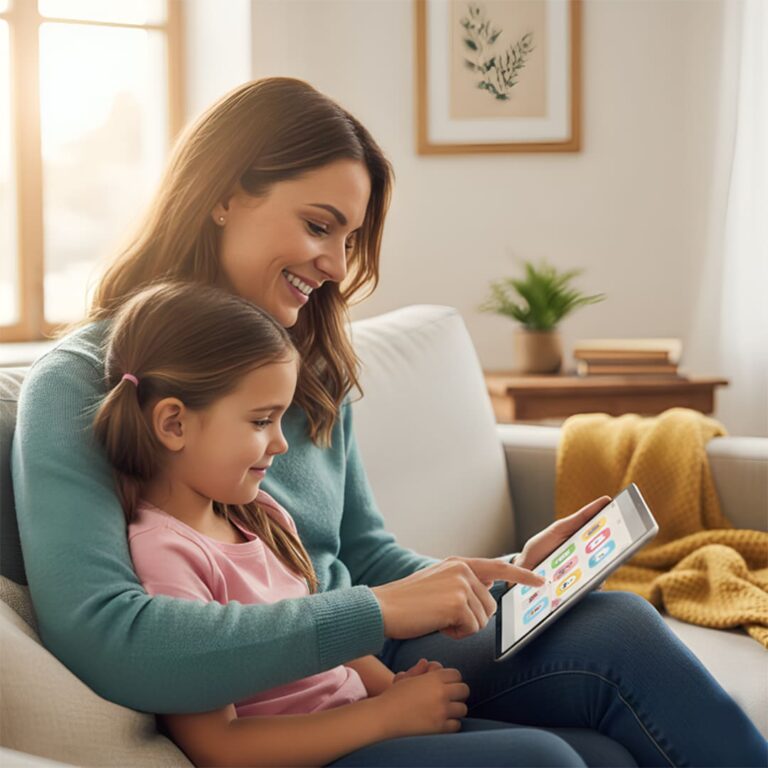 A father and daughter exploring safe digital apps to find out what is the most popular platform for kids.