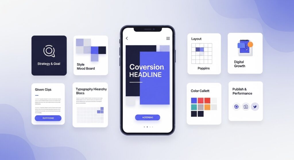 A 6-step workflow diagram explaining how to creative social media poster design, featuring strategy, mood boards, typography, and color palettes.