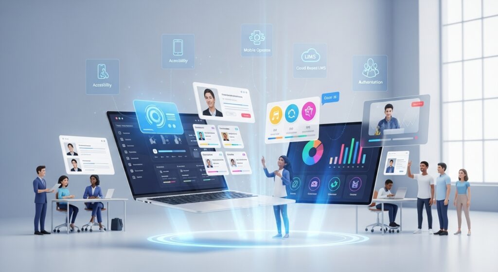 A collaborative team visualizing innovative educational website design ideas, featuring a holographic laptop interface with student profiles and learning analytics.