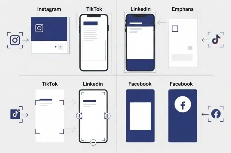 A technical comparison of social media post design ideas for Instagram, TikTok, LinkedIn, and Facebook, showing specific layout adjustments for various mobile screen sizes