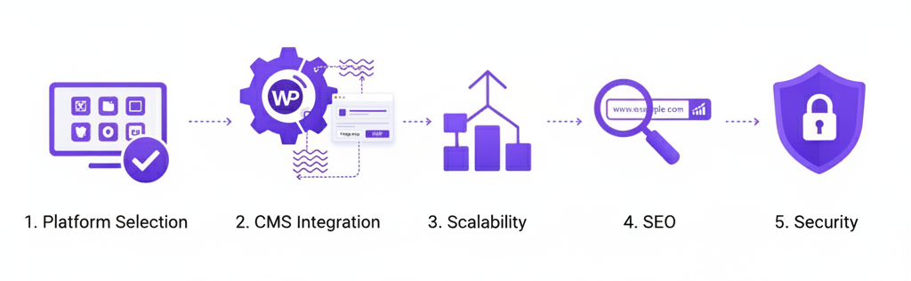 Flowchart showing technical implementation process for educational websites including CMS integration and SEO optimization.