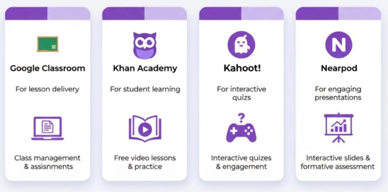 A professional graphic highlighting educational websites for teachers, featuring a digital interface with diverse learning icons like a globe, book, and computer mouse.