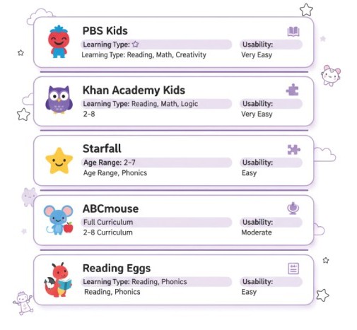 Infographic comparing the best educational websites for toddlers including PBS Kids, Khan Academy Kids, and ABCmouse.