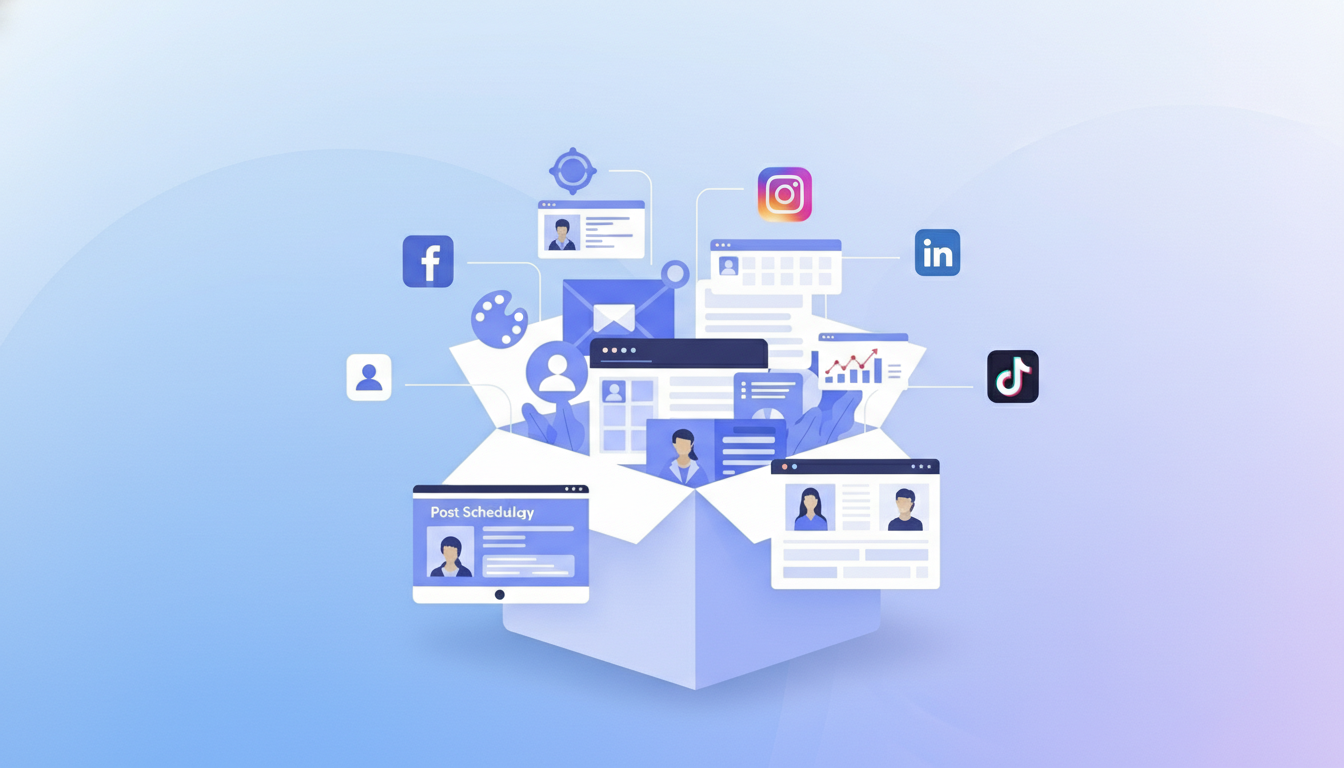 A conceptual digital illustration explaining what are social media packages by showing a variety of platform tools and scheduling assets emerging from a central box.