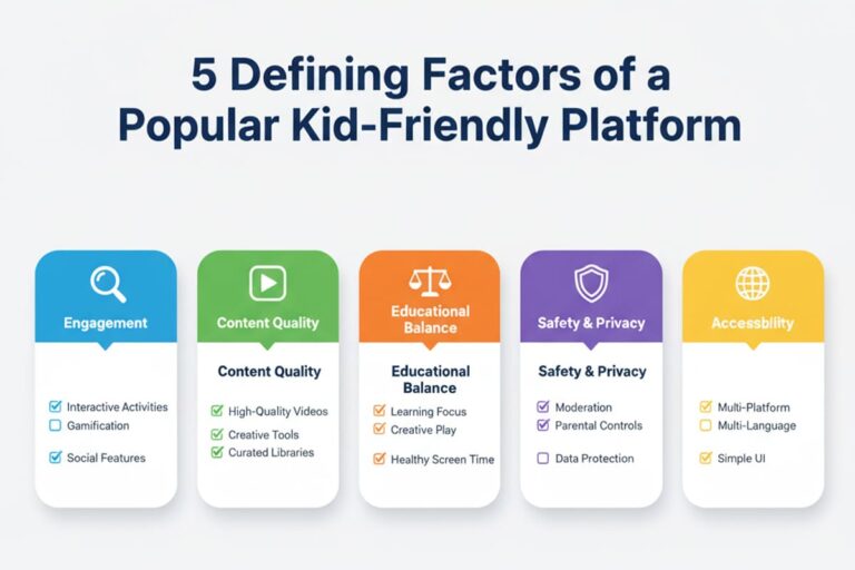 Infographic showing 5 defining factors of a popular kid-friendly platform to answer what is the most popular platform for kids.