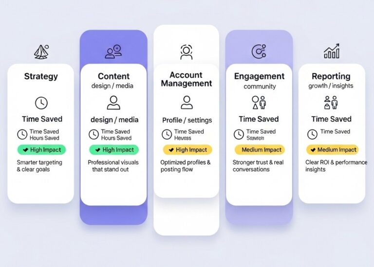 A comprehensive infographic explaining what are social media packages, featuring five core service pillars: Strategy, Content, Account Management, Engagement, and Reporting.