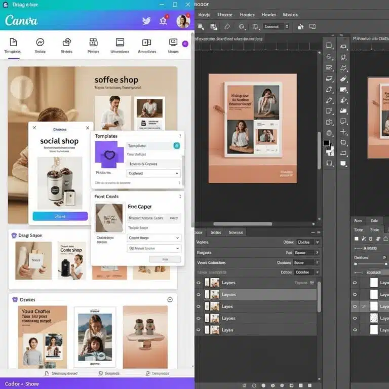 A professional digital workstation showing a laptop and tablet with various high-engagement layouts, illustrating how to make a social media poster using visual hierarchy and 2026 design trends.