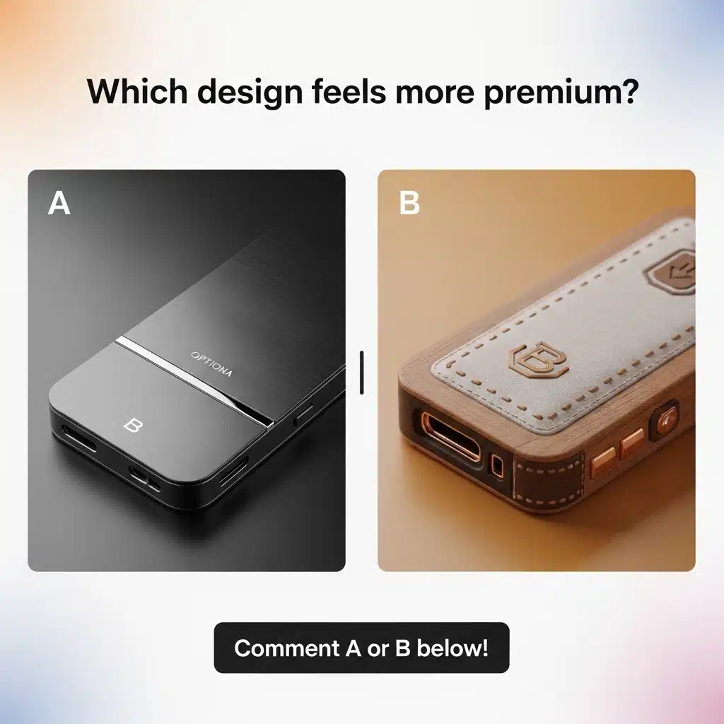 A side-by-side comparison graphic titled "Which design feels more premium?" illustrating post design ideas about top 3 things, specifically focusing on interactive engagement, A/B testing, and high-quality product aesthetics.