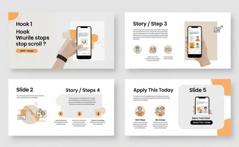 A multi-slide storytelling carousel layout demonstrating post design ideas about top 3 things, featuring a strong hook, structured narrative steps, and an actionable "Apply This Today" final slide.