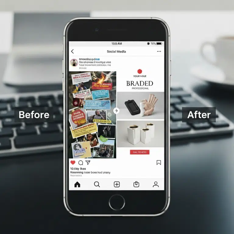 A professional smartphone display comparing "Before" and "After" social media layouts to demonstrate post design ideas about top 3 things, focusing on visual hierarchy, clean branding, and high-impact calls to action.